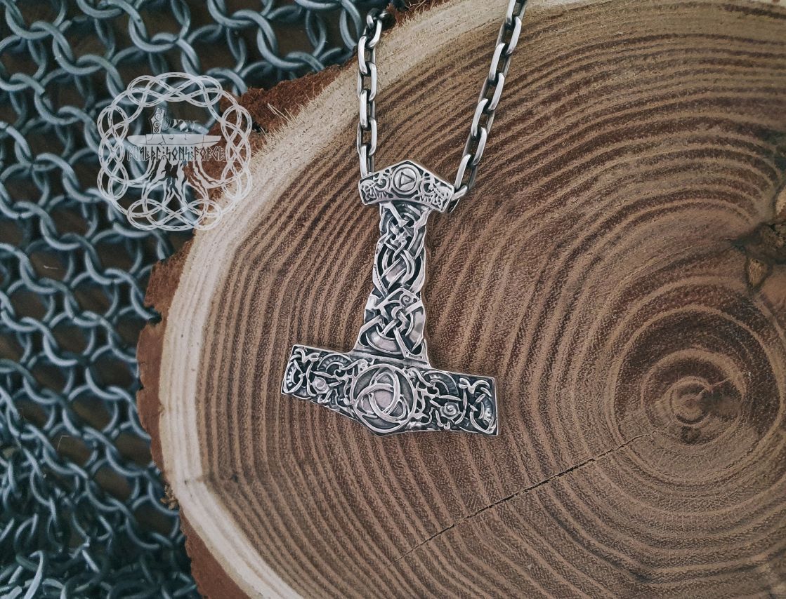 Sterling Silver Viking Mjolnir Necklace. Thor Hammer Pendant with Triskele.