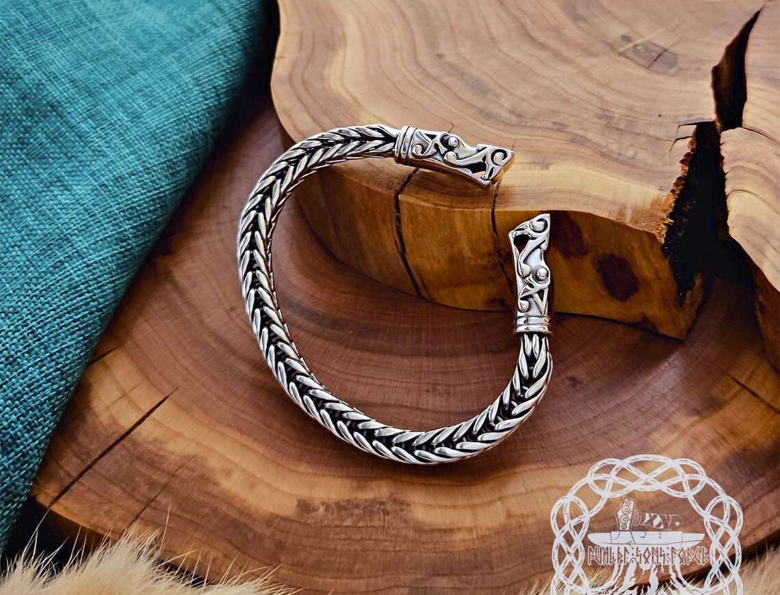 Wolf Head Norse Arm Ring Replica from Gotland. Handmade Sterling Silver Viking Bracelet.