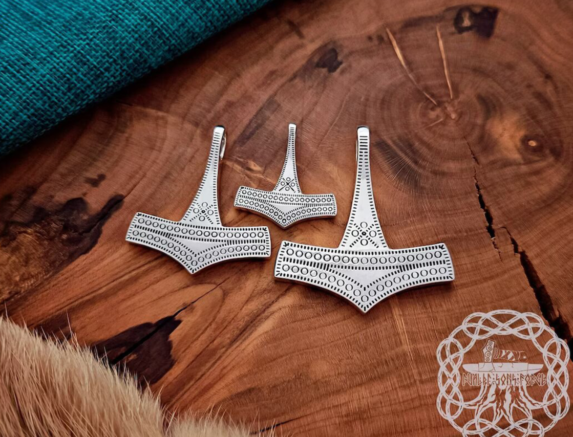 Handmade Thor hammer viking replica necklace. Sterling silver Romersdal mjolnir pendant. 
