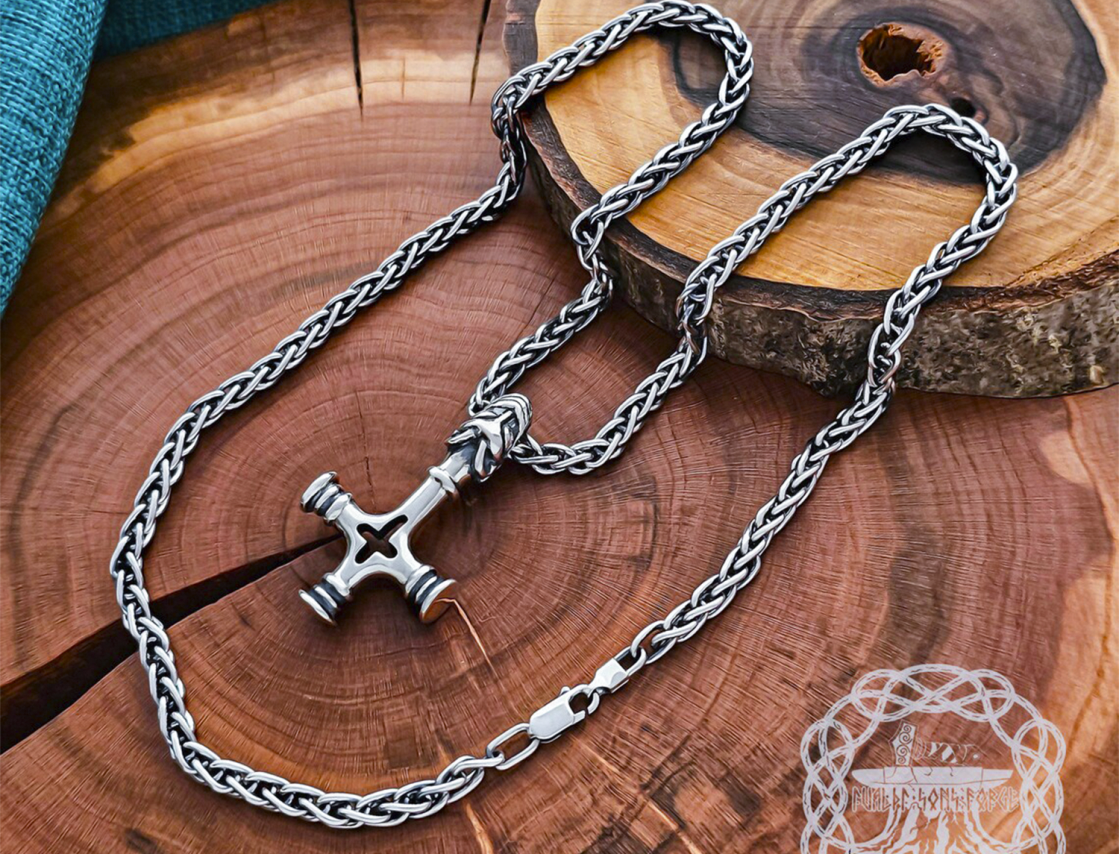 Handmade Olaf cross mjolnir pendant. Sterling silver Thor hammer replica from Iceland.
