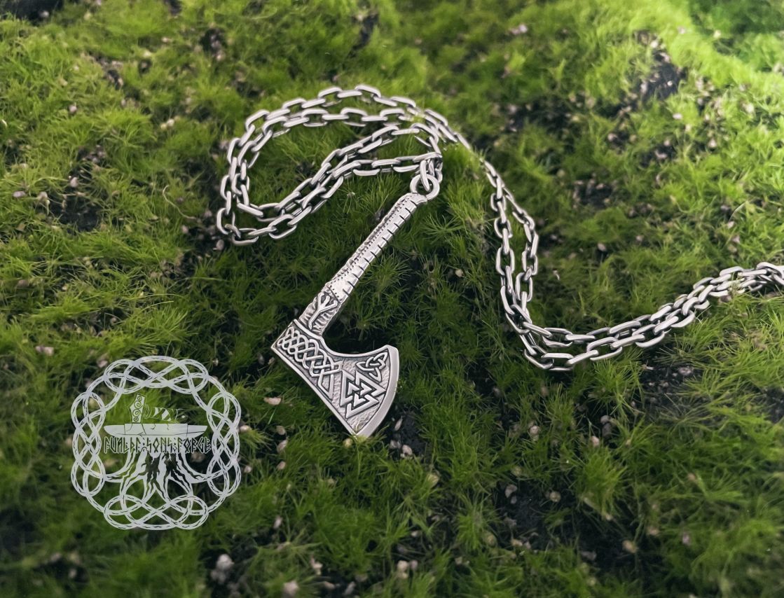 Handmade Viking Axe Pendant. Sterling Silver Valknut Jewelry.