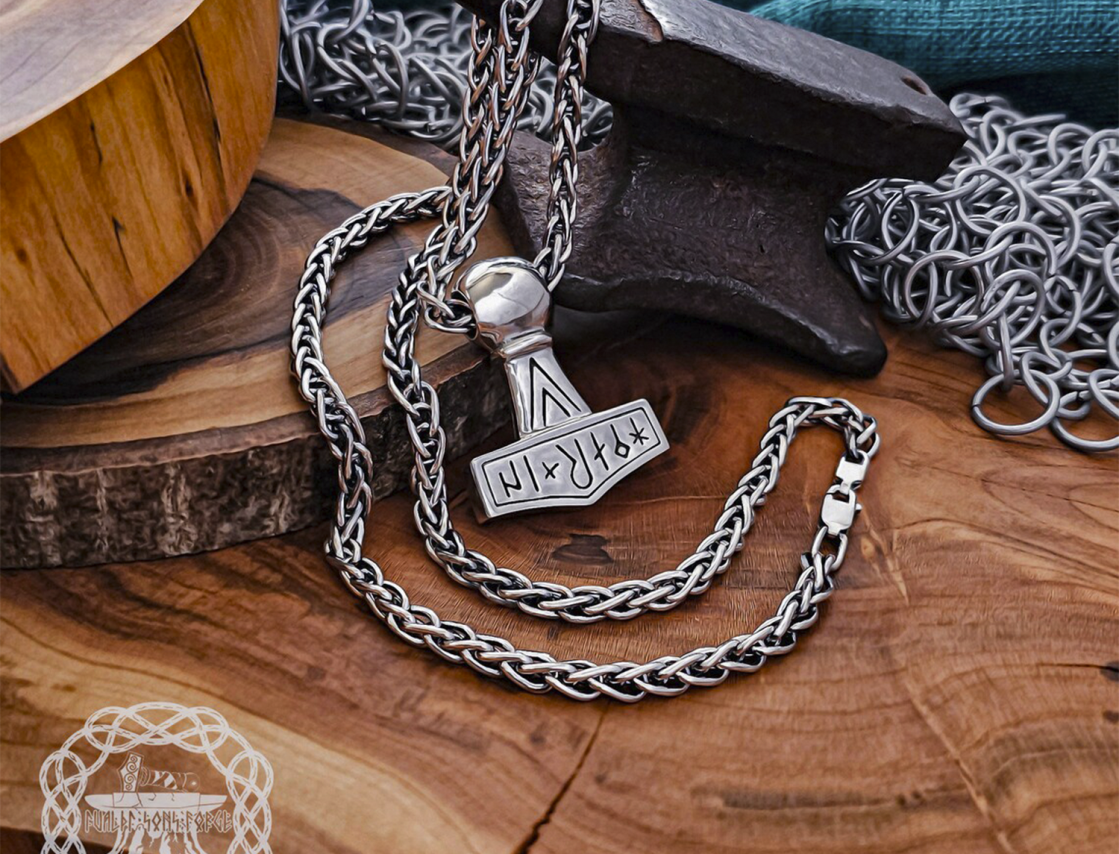 Sterling Silver Runic Thor Hammer Pendant With Valknut. Handmade Mjolnir replica from Kobelev.