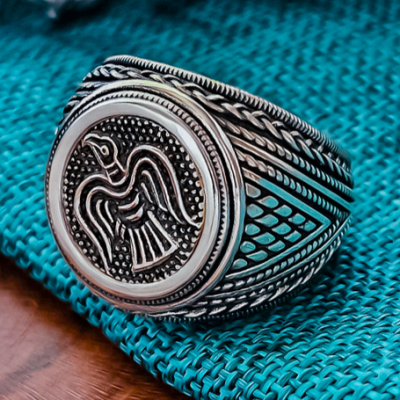 Sterling Silver Raven Banner Ring. Artisan Handmade Viking Design.