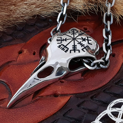 Sterling Silver Viking Raven Skull Pendant. Handmade Norse Necklace.