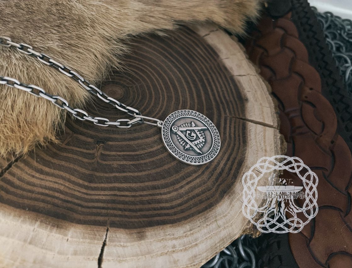 Handmade Sterling Silver Masonic Necklace. Handcrafted Square and Compasses Pendant.