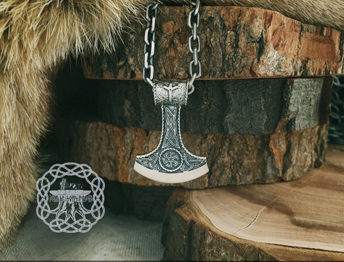 Handcrafted Viking Axe Pendant. Sterling Silver Kolovrat Symbol.