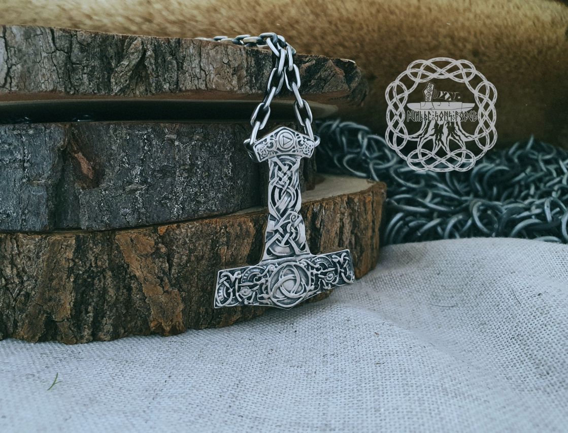 Sterling Silver Viking Mjolnir Necklace. Thor Hammer Pendant with Triskele.
