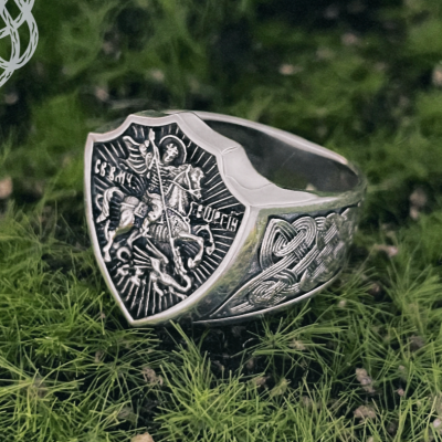 Sterling Silver Slavic Ring. Saint George the Dragon Slayer Design.
