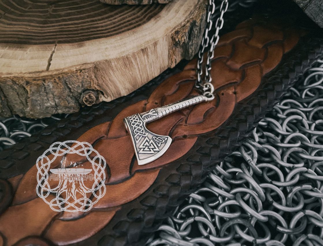 Handmade Viking Axe Pendant. Sterling Silver Valknut Jewelry.