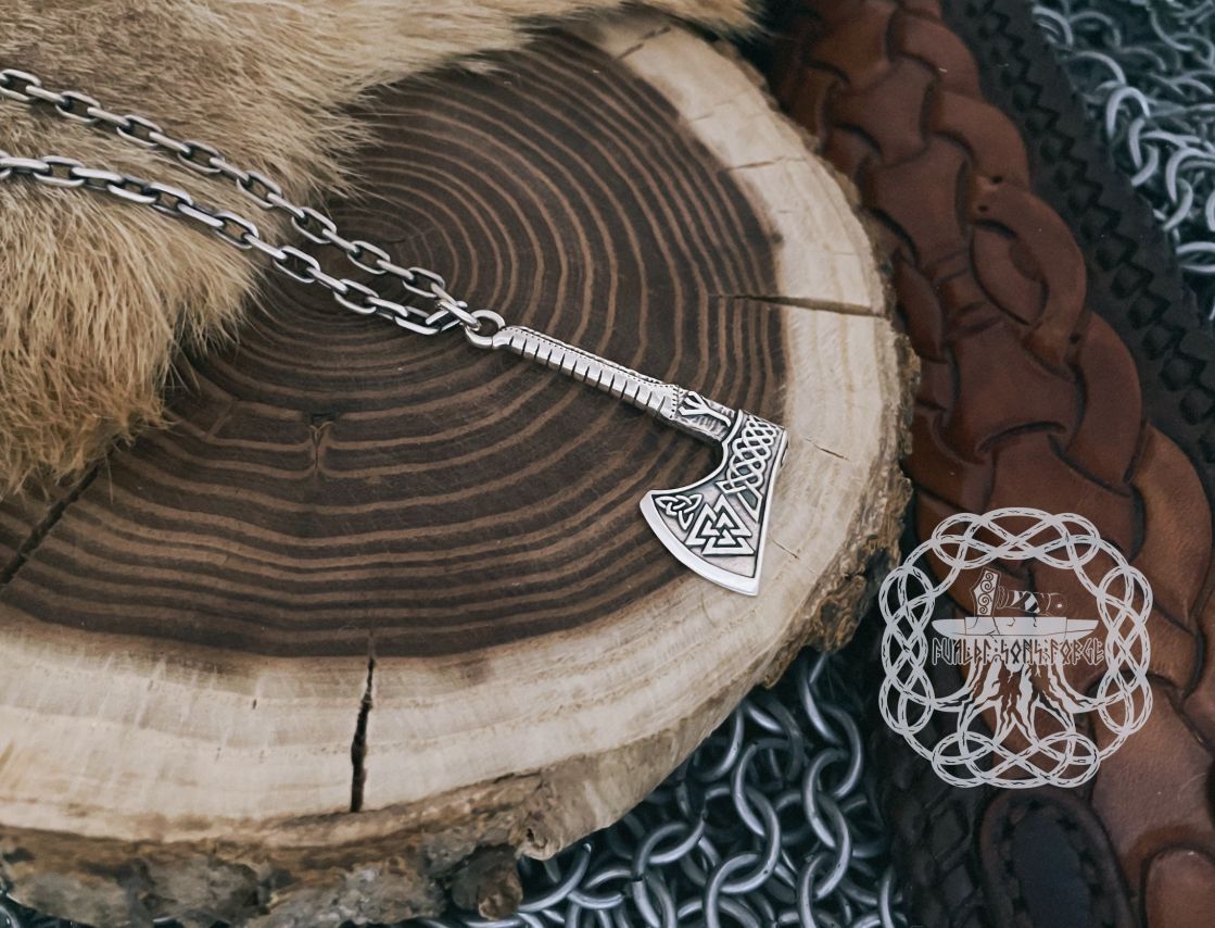Handmade Viking Axe Pendant. Sterling Silver Valknut Jewelry.