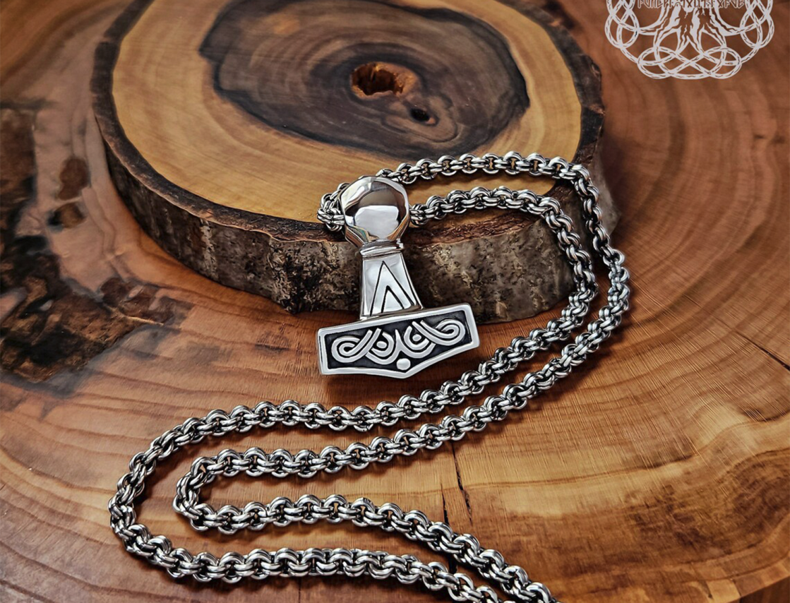 Sterling Silver Runic Thor Hammer Pendant With Valknut. Handmade Mjolnir replica from Kobelev.