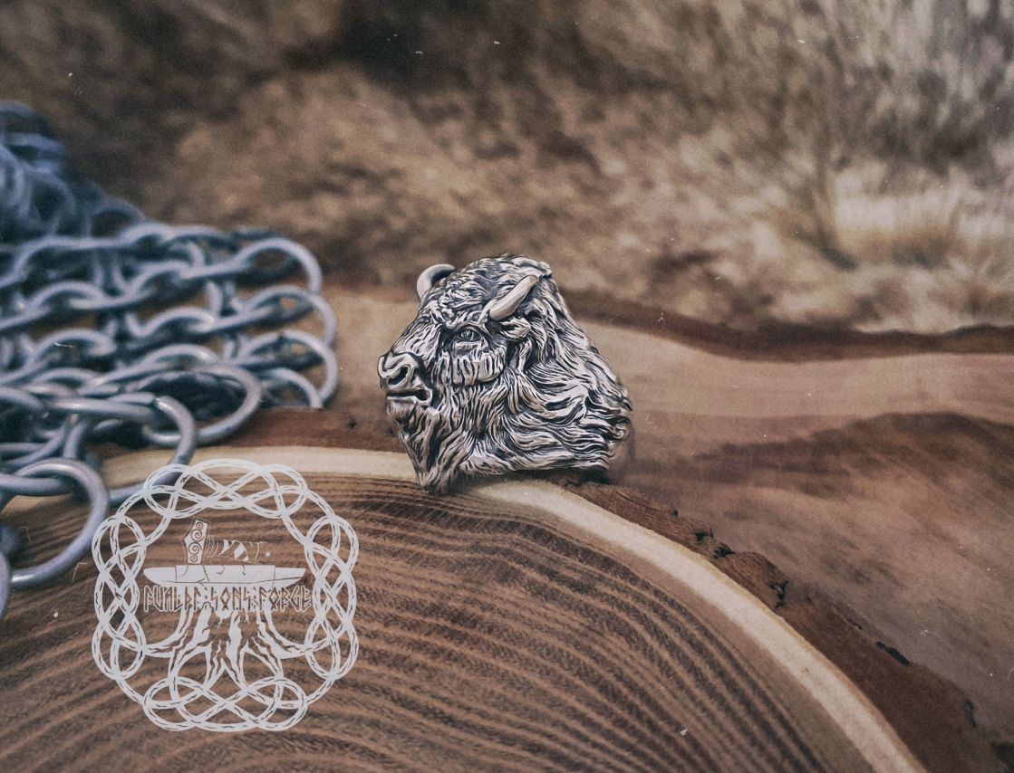 Sterling Silver Bison Head Ring. Handmade Animal Jewelry.