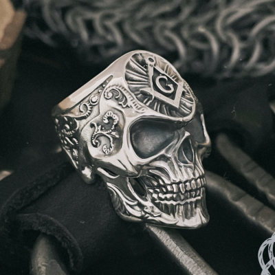 Handmade Sterling Silver Masonic Skull Ring. Freemason Biker Jewelry.