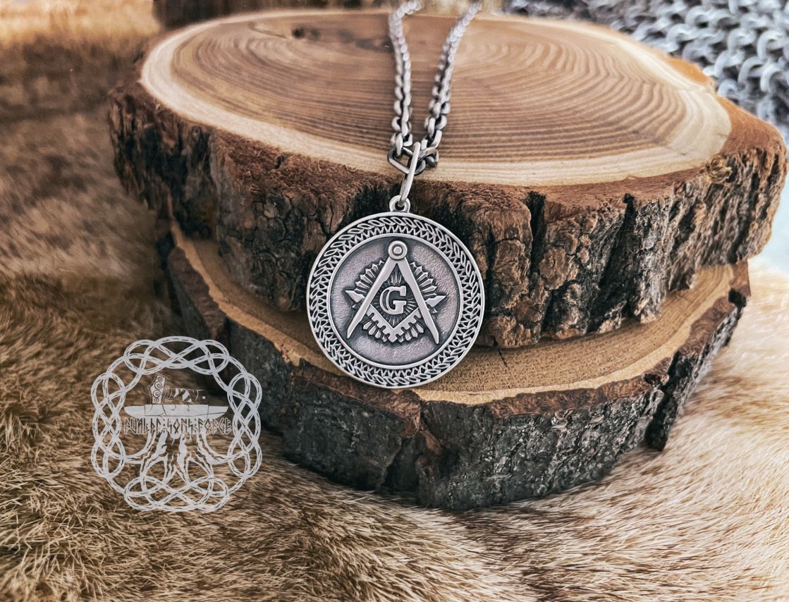 Handmade Sterling Silver Masonic Necklace. Handcrafted Square and Compasses Pendant.
