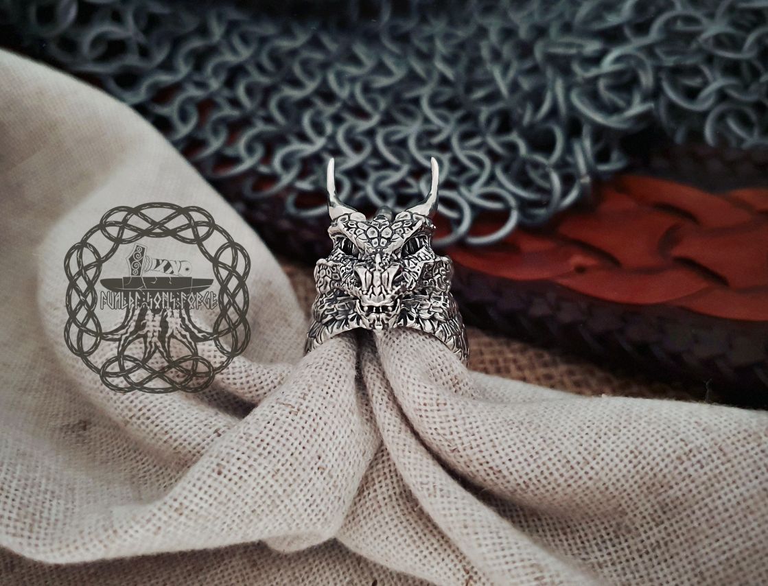 Sterling Silver Dragon Ring with Horns. Handmade Fantasy Jewelry.