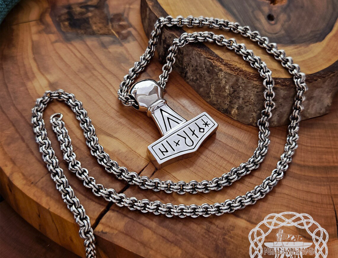 Sterling Silver Runic Thor Hammer Pendant With Valknut. Handmade Mjolnir replica from Kobelev.