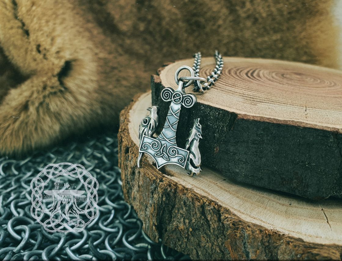 Raven & Wolf Thor Hammer Pendant. Sterling Silver Mjolnir Necklace.
