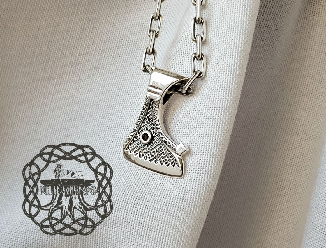 Handcrafted Viking Axe Necklace. Sterling Silver Norse Pendant.