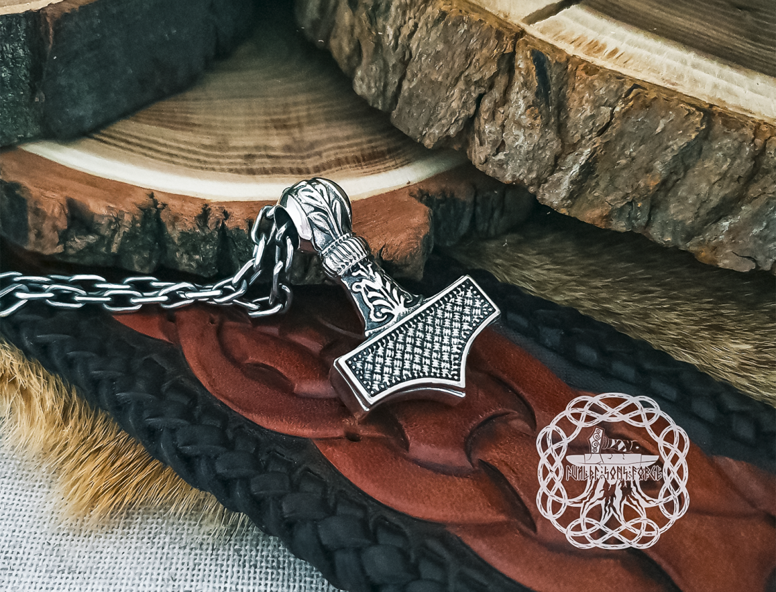 Viking Thor Hammer Necklace. Sterling Silver Mjolnir Pendant.