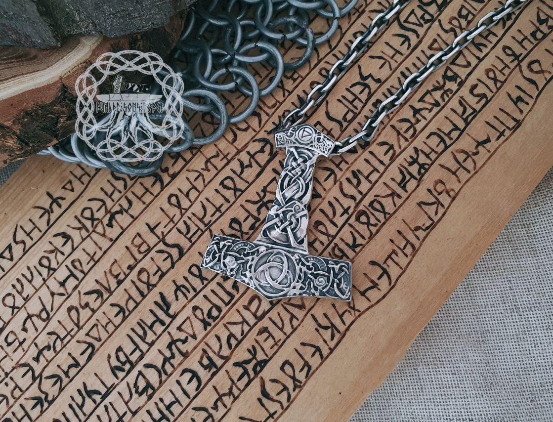 Sterling Silver Viking Mjolnir Necklace. Thor Hammer Pendant with Triskele.