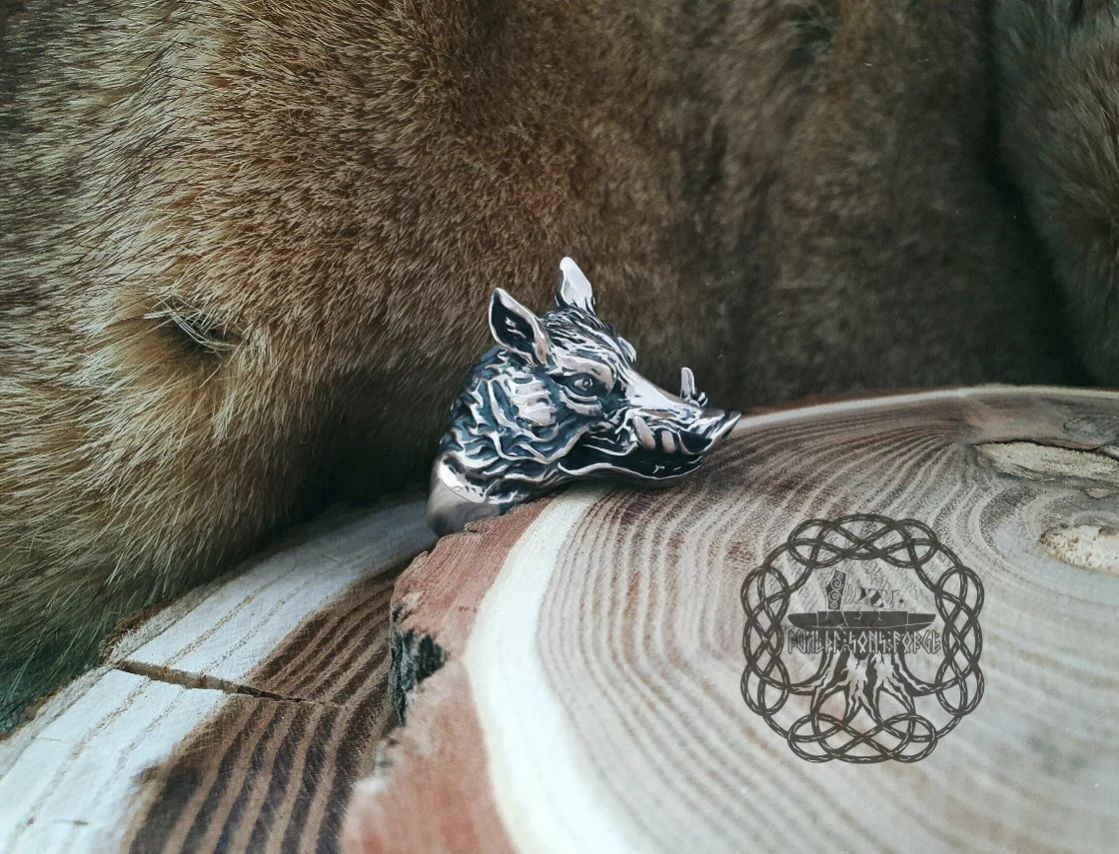 Handmade Sterling Silver Wild Boar Ring. Norse Animal Jewelry.