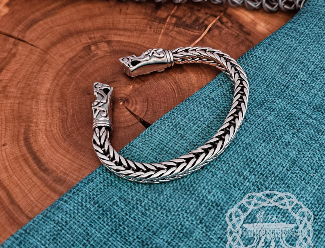 Wolf Head Norse Arm Ring Replica from Gotland. Handmade Sterling Silver Viking Bracelet.