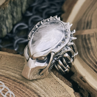 Handmade Sterling Silver Predator Mask Ring. Artisan Alien Design.