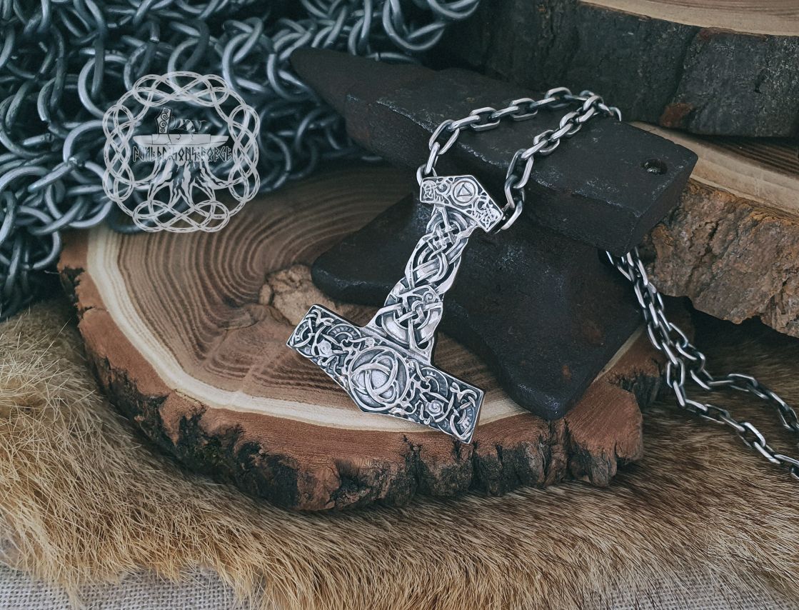 Sterling Silver Viking Mjolnir Necklace. Thor Hammer Pendant with Triskele.