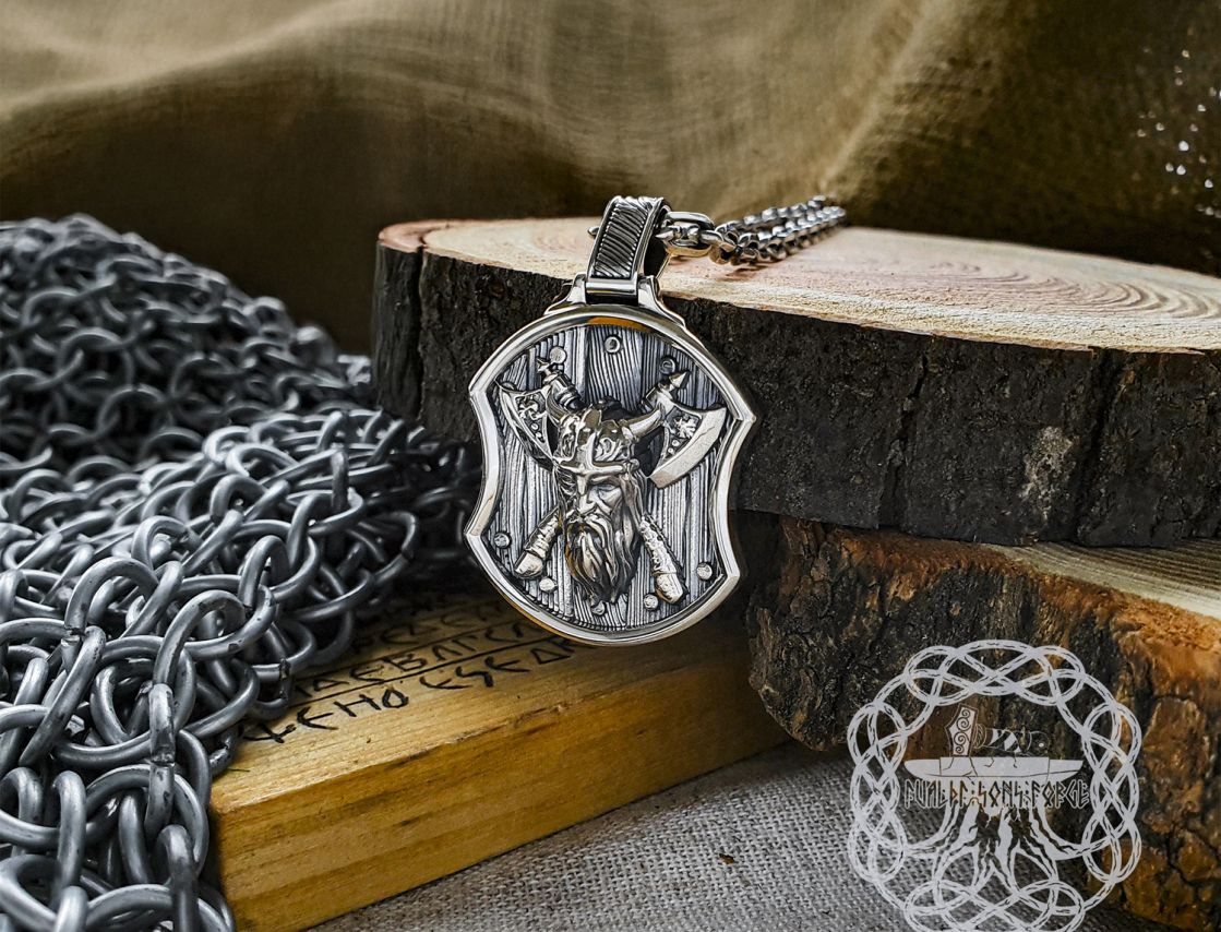 Handmade Sterling Silver Berserker Pendant. Viking Shield Necklace.