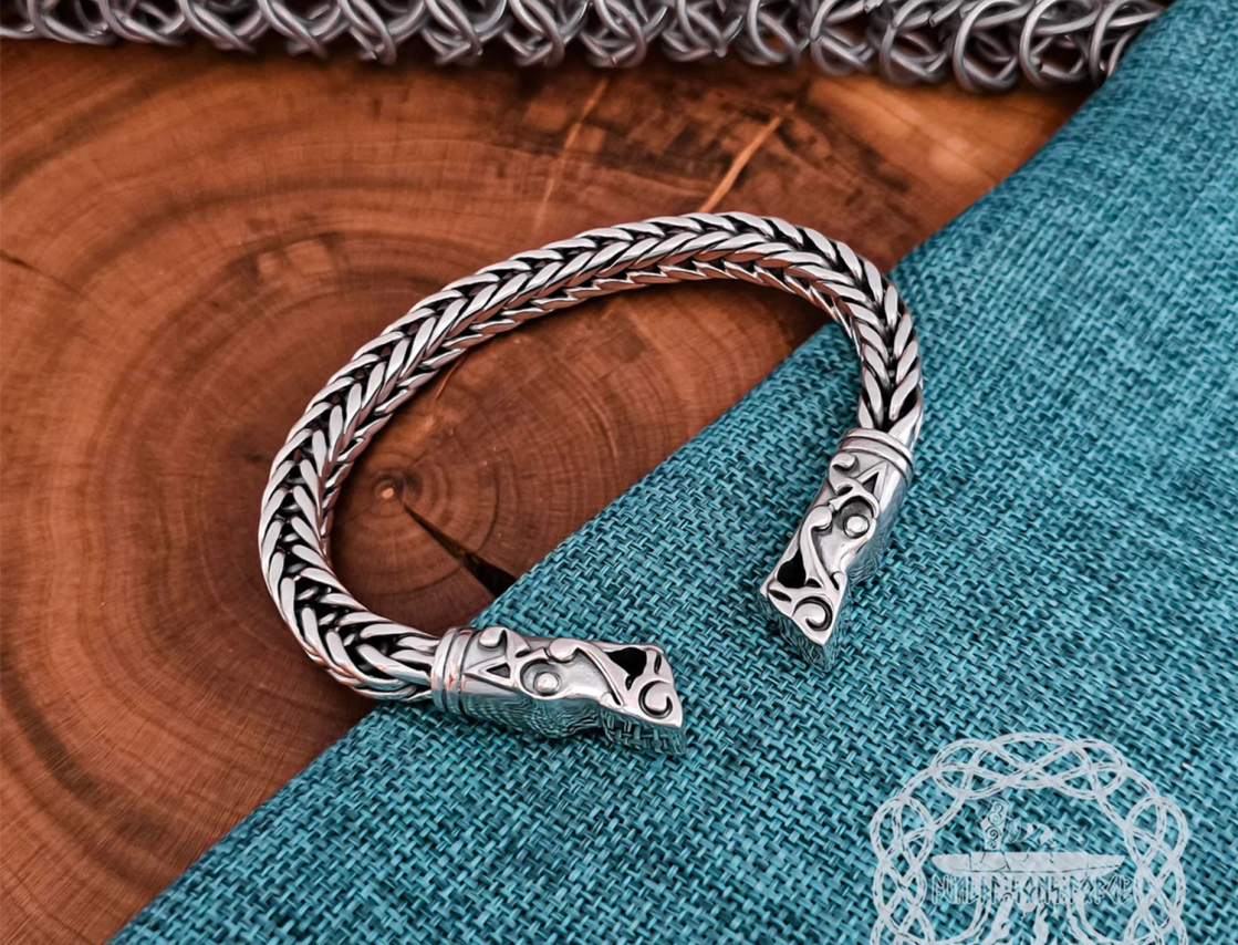 Wolf Head Norse Arm Ring Replica from Gotland. Handmade Sterling Silver Viking Bracelet.