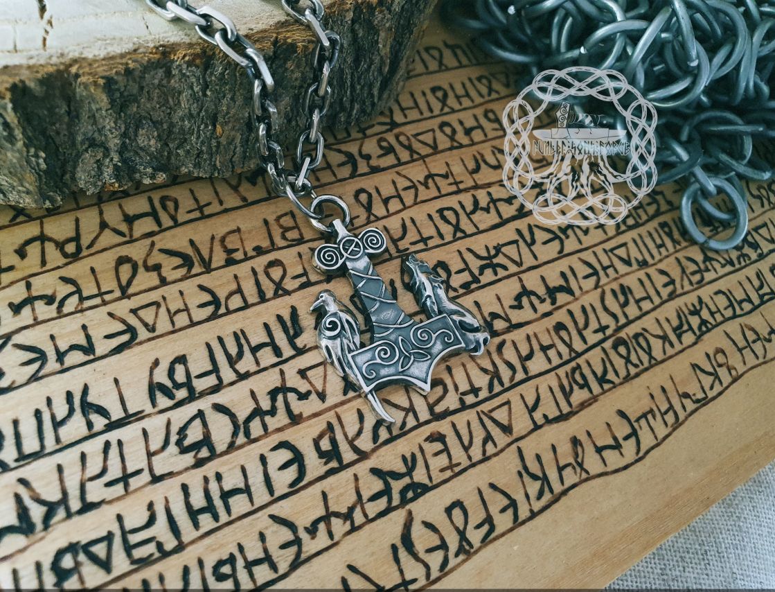 Raven & Wolf Thor Hammer Pendant. Sterling Silver Mjolnir Necklace.