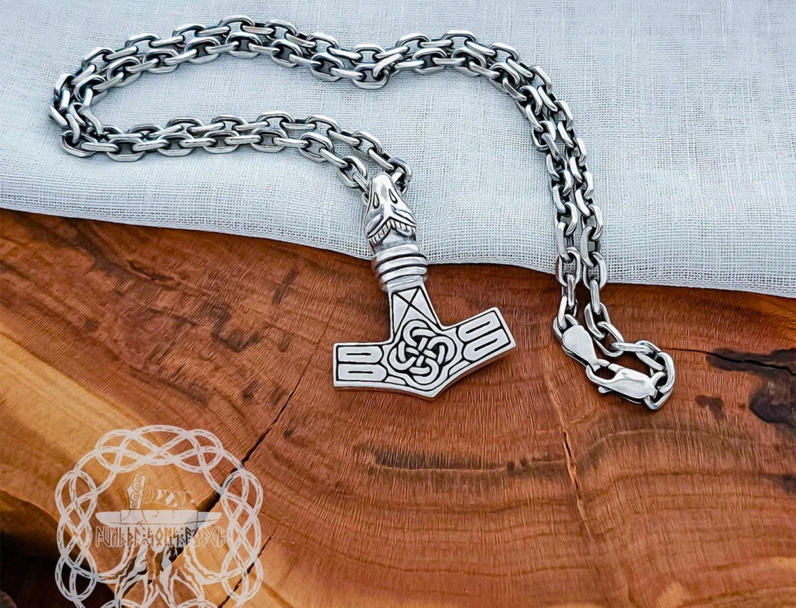 Handmade Thor hammer replica from Circa. Sterling silver Avian head mjolnir pendant. 