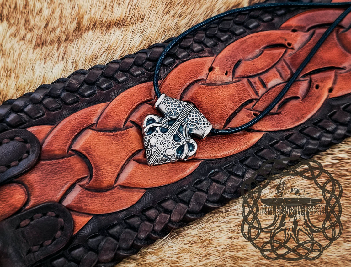 Sterling Silver Sigtuna Mjolnir Viking Necklace. Raven Head Thor Hammer Pendant.