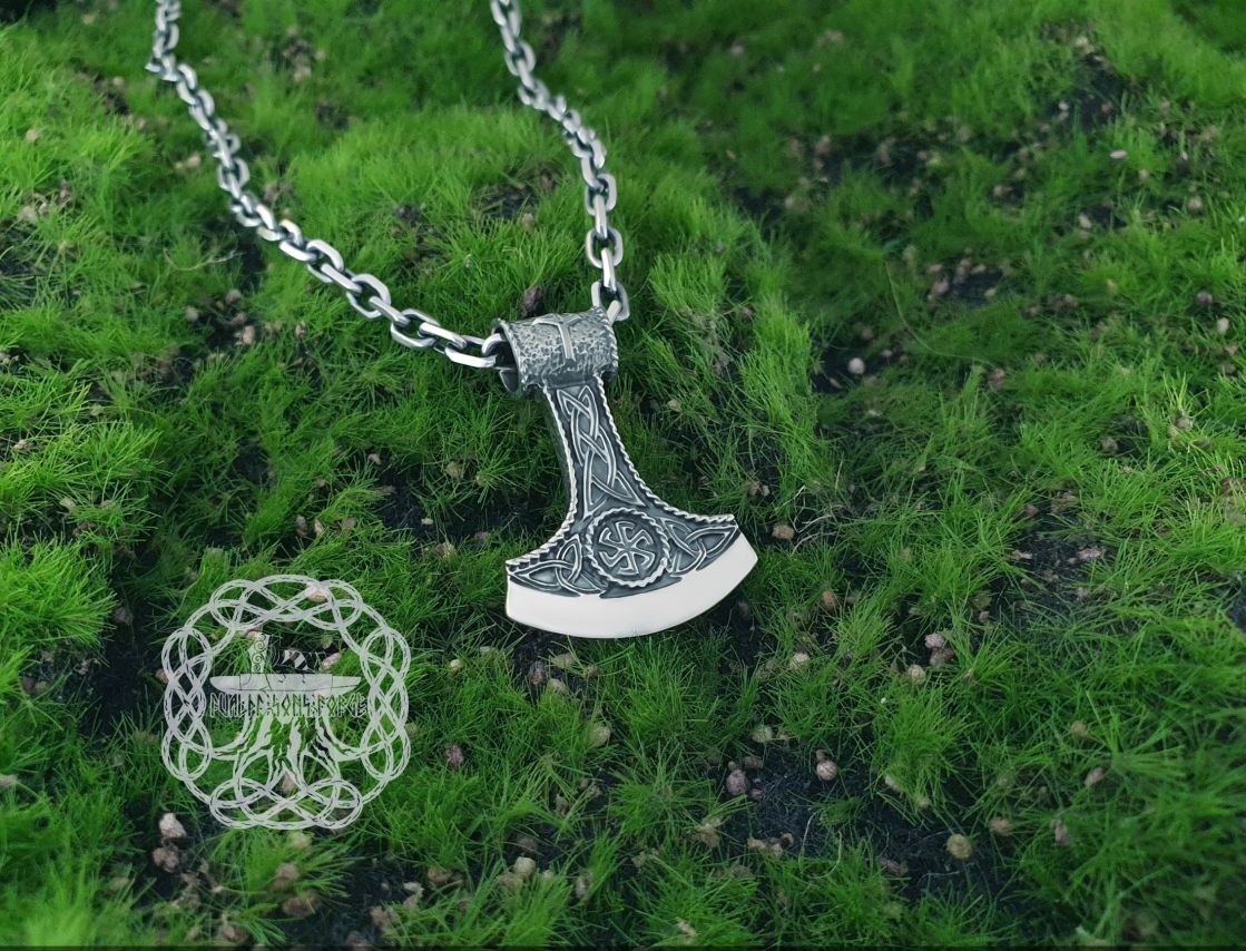 Handcrafted Viking Axe Pendant. Sterling Silver Kolovrat Symbol.