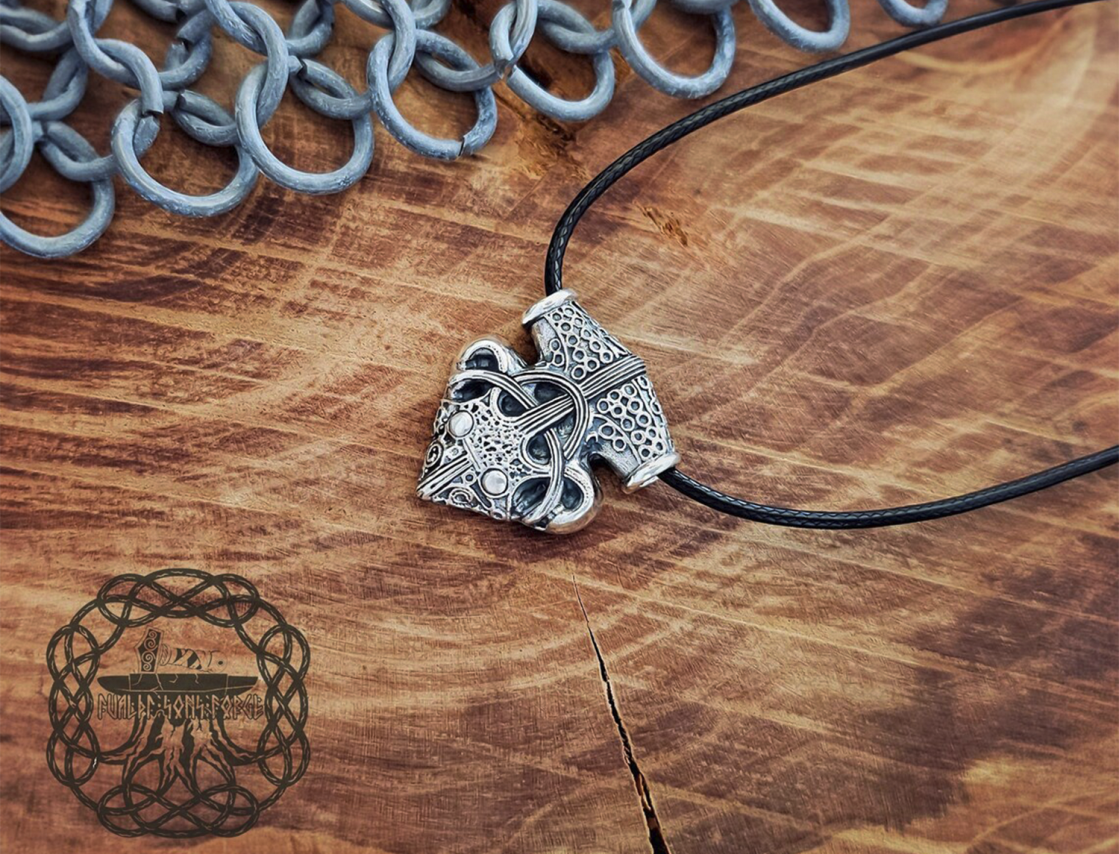 Sterling Silver Sigtuna Mjolnir Viking Necklace. Raven Head Thor Hammer Pendant.