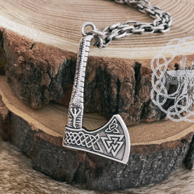 Handmade Viking Axe Pendant. Sterling Silver Valknut Jewelry.