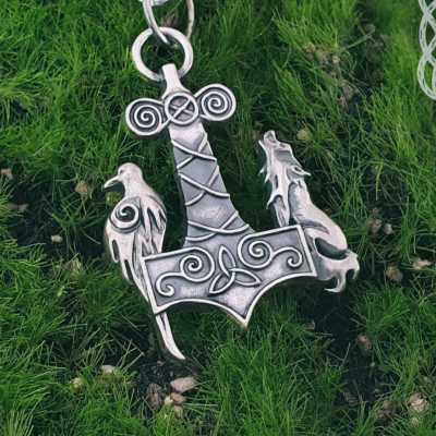 Raven & Wolf Thor Hammer Pendant. Sterling Silver Mjolnir Necklace.