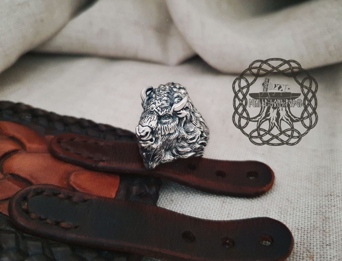 Sterling Silver Bison Head Ring. Handmade Animal Jewelry.
