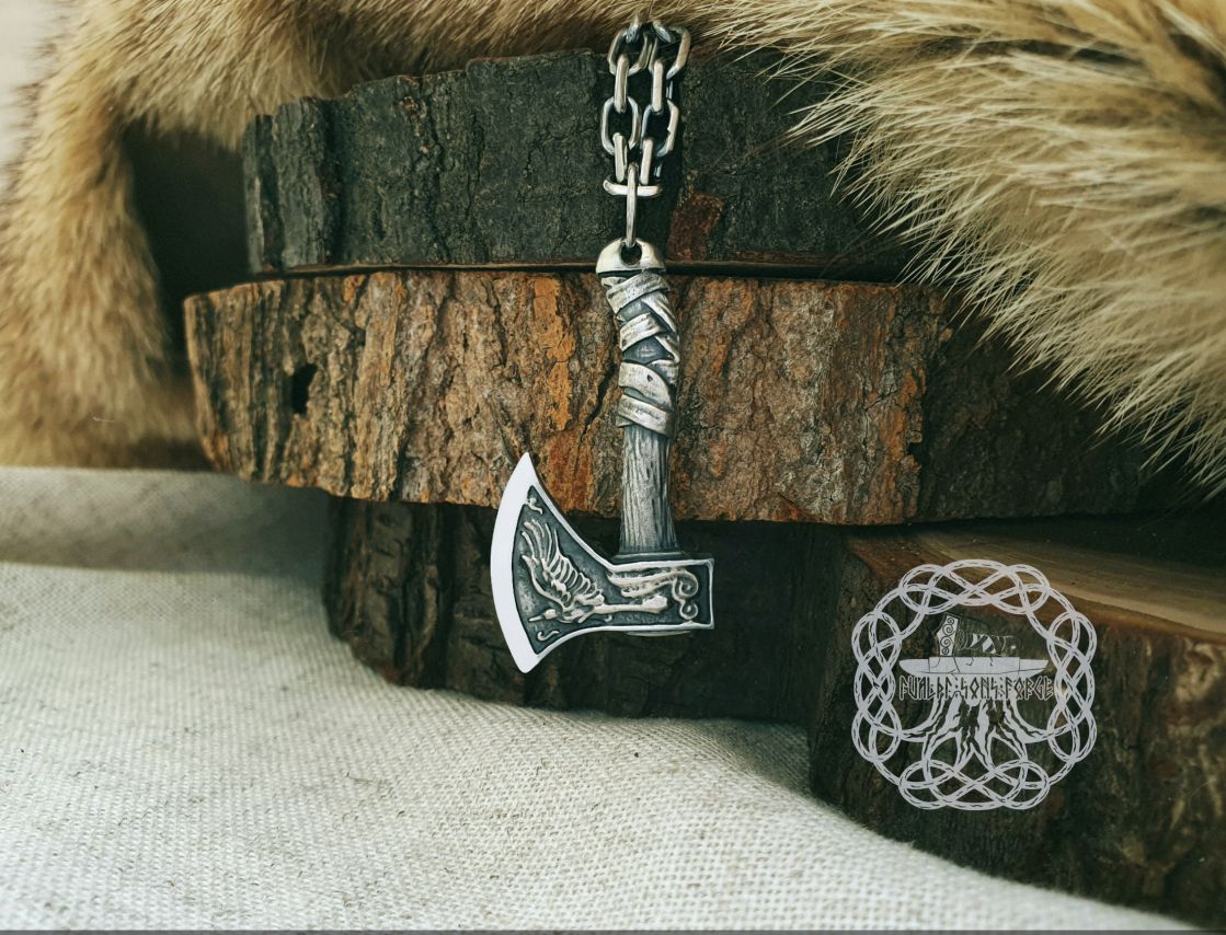 Sterling Silver Norse Axe Pendant. Raven and Wolf Amulet.