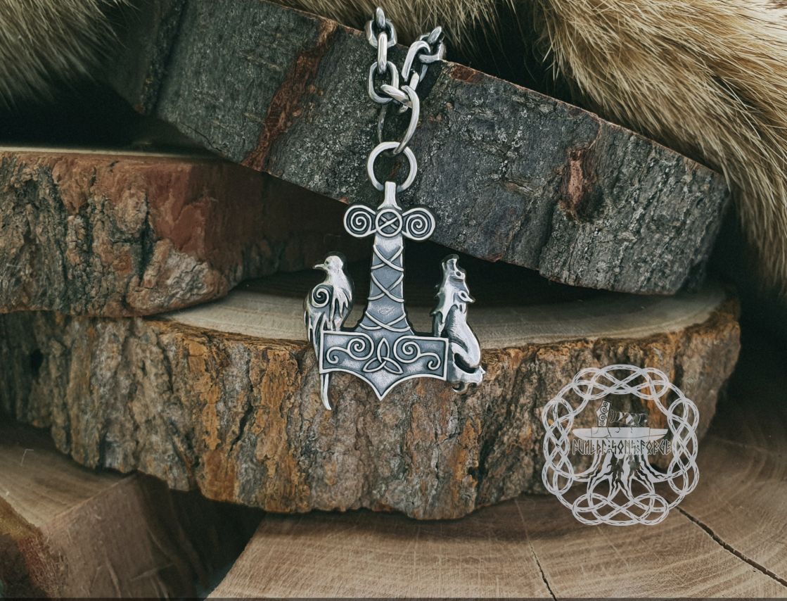 Raven & Wolf Thor Hammer Pendant. Sterling Silver Mjolnir Necklace.
