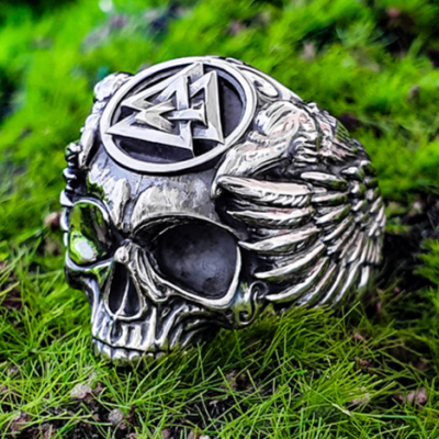Handcrafted Sterling Silver Odin Skull Ring. Norse Viking Raven Jewelry.