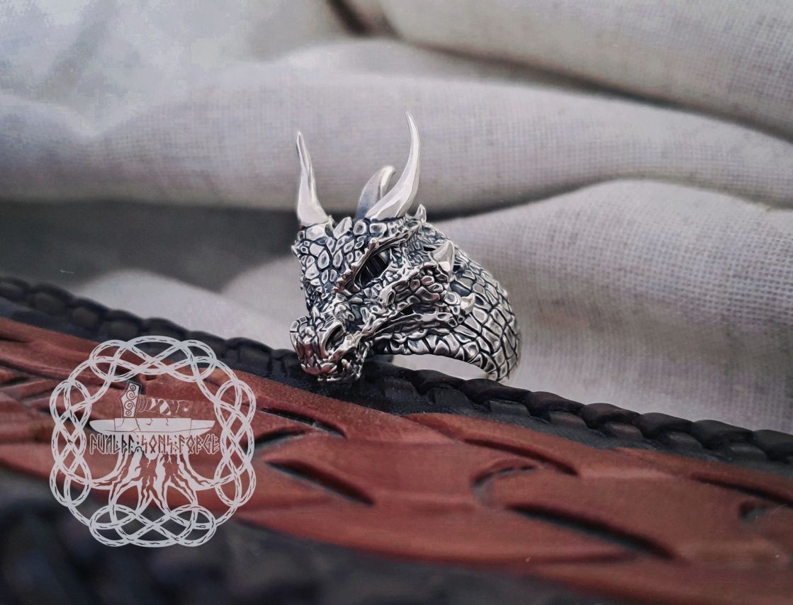 Sterling Silver Dragon Ring with Horns. Handmade Fantasy Jewelry.