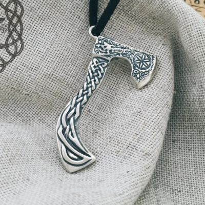 Sterling Silver Viking Axe Necklace. Braided Ornament with Wolf Design.