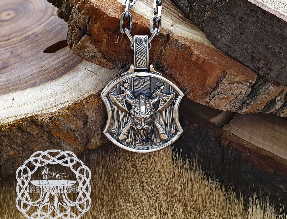 Handmade Sterling Silver Berserker Pendant. Viking Shield Necklace.