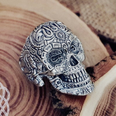 Sterling Silver Aztec Skull Ring. Maya Inspired Biker Design.
