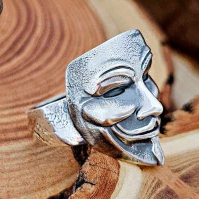 Sterling Silver V for Vendetta Ring. Handmade Mask-Inspired Jewelry.