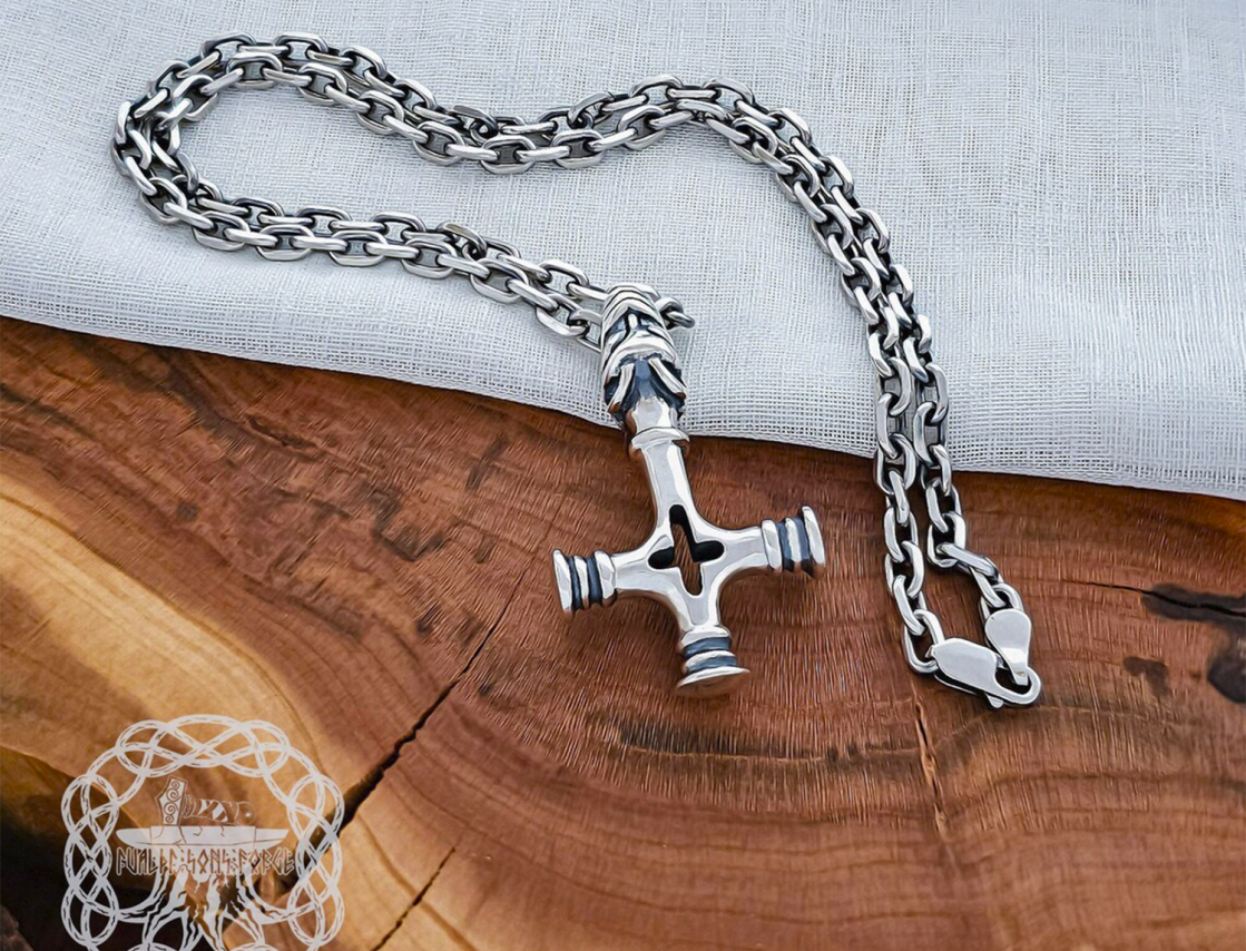 Handmade Olaf cross mjolnir pendant. Sterling silver Thor hammer replica from Iceland.