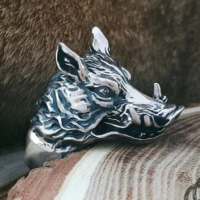 Handmade Sterling Silver Wild Boar Ring. Norse Animal Jewelry.