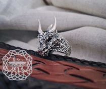 Sterling Silver Dragon Ring with Horns. Handmade Fantasy Jewelry.