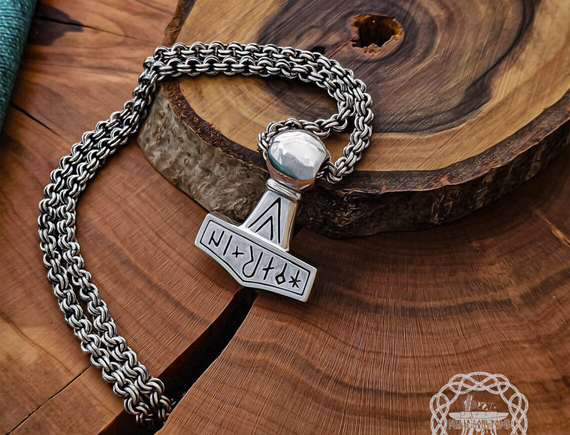 Sterling Silver Runic Thor Hammer Pendant With Valknut. Handmade Mjolnir replica from Kobelev.